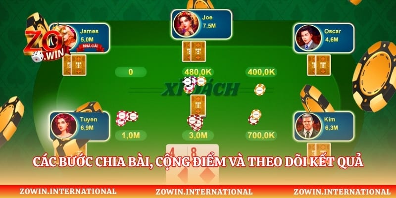 Các bước chia bài, cộng điểm và theo dõi kết quả trong ván xì dách