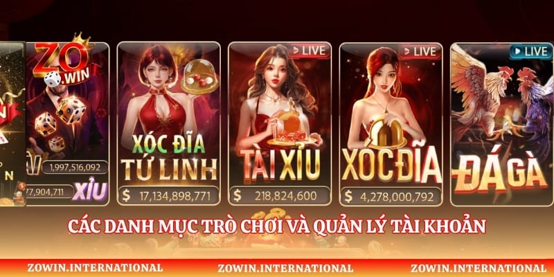 Các danh mục trò chơi và quản lý tài khoản trên cổng game