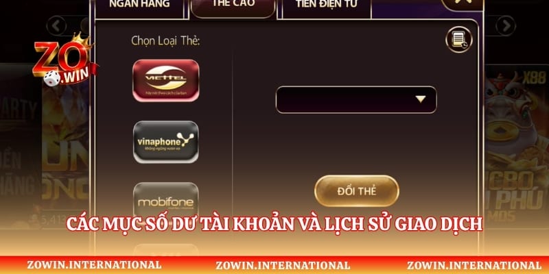 Các mục số dư tài khoản và lịch sử giao dịch trên cổng game
