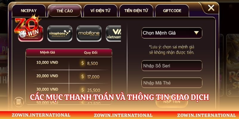 Các mục thanh toán và thông tin giao dịch trên cổng game